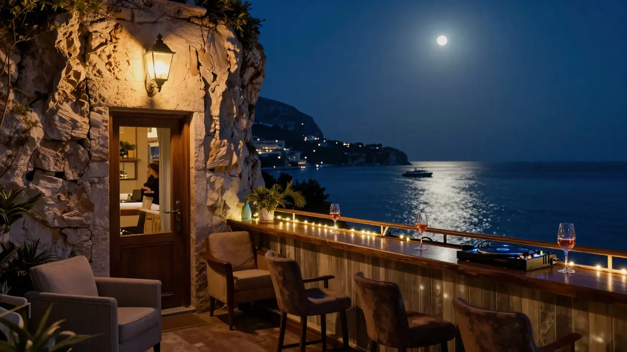 Quaint open-air bar Blue Bay at night, a single lantern glowing above a wooden door, sea shimmering in moonlight.
