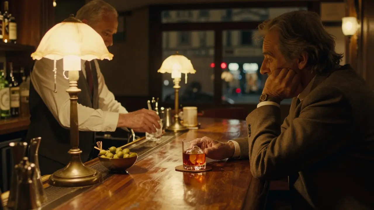 Quiet 3 AM scene at Bar Basso with bartender and lone patron sipping a Negroni.