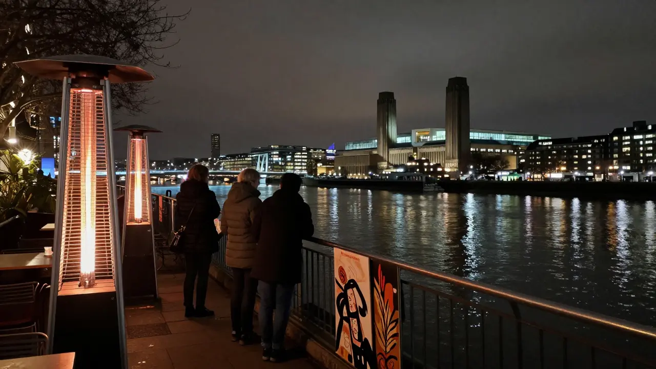 Riverside terrace at South Bank with Thames reflections and glowing heaters