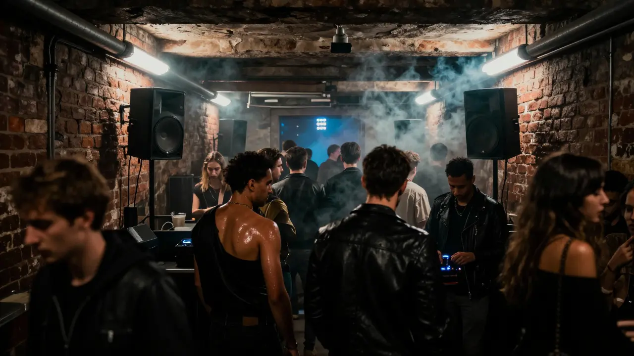 Underground techno club in Zona Tortona with industrial lighting and energetic crowd.