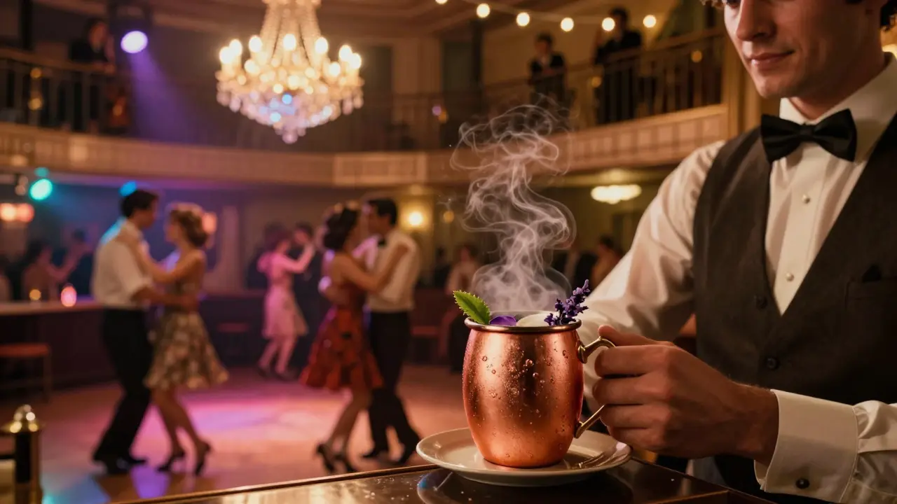 Vibrant 90s dance party at Le Café de Paris under a crystal chandelier, bartender serving a signature cocktail.