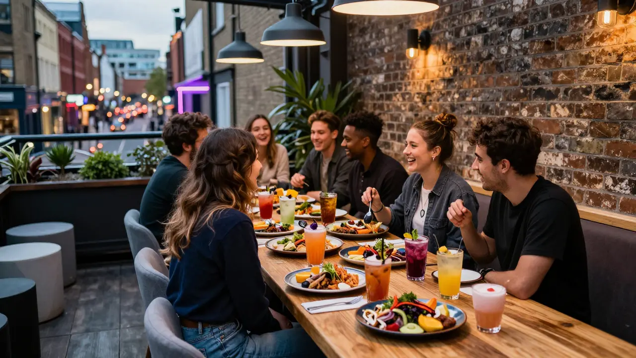 Vibrant Shoreditch terrace bar with craft cocktails and industrial decor